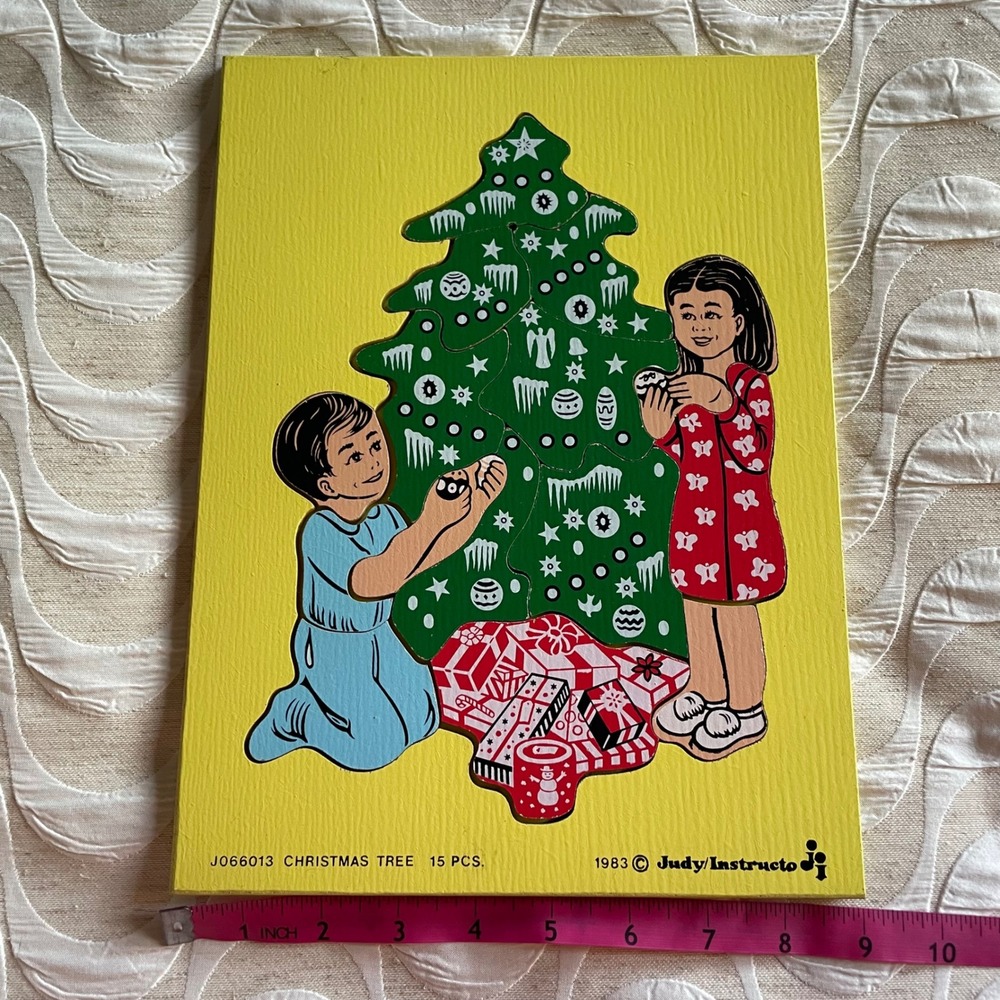 Vintage 1983 Judy Instructo Christmas Tree Wooden Tray Puzzle 15 Piece J066013